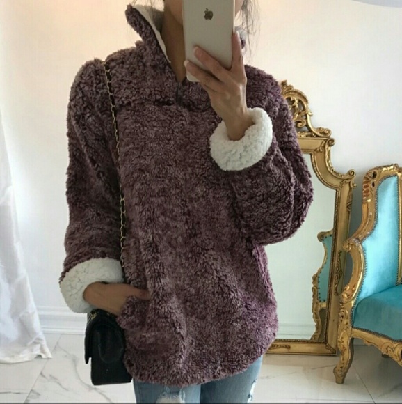 SHEEPY Eggplant Sherpa Half Zip Jacket - Picture 4 of 5